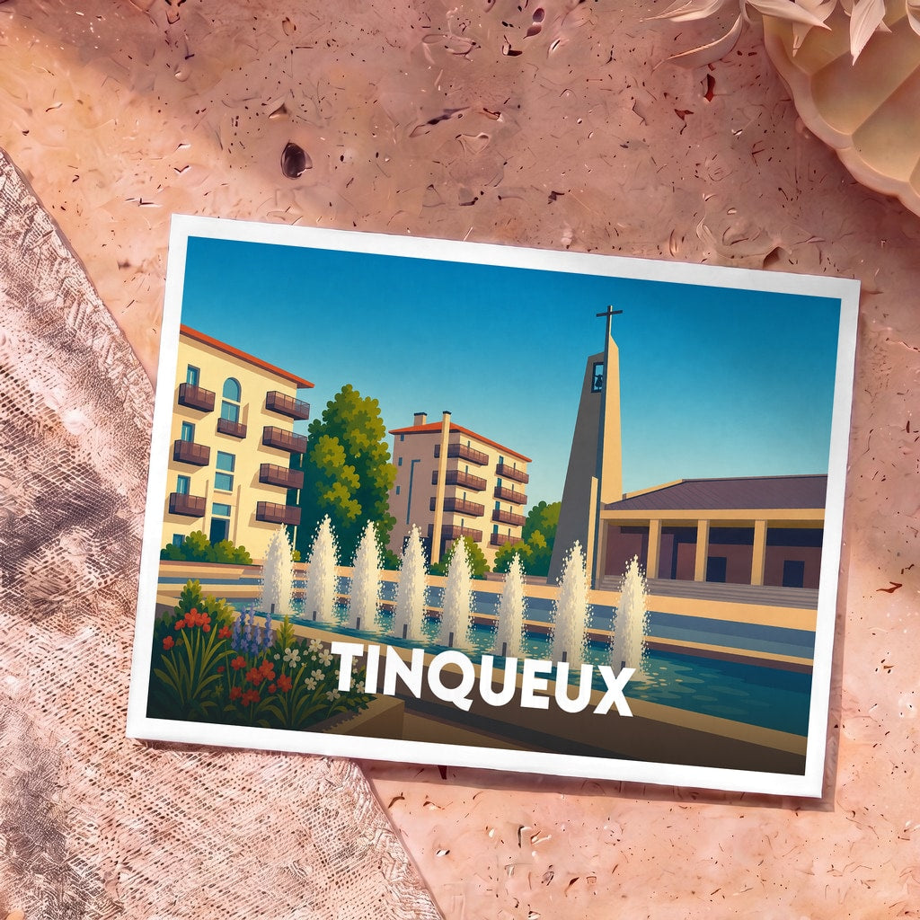 Carte postale souvenir de la ville de Tinqueux avec une illustration stylisée d'une place arborée et ses fontaines.