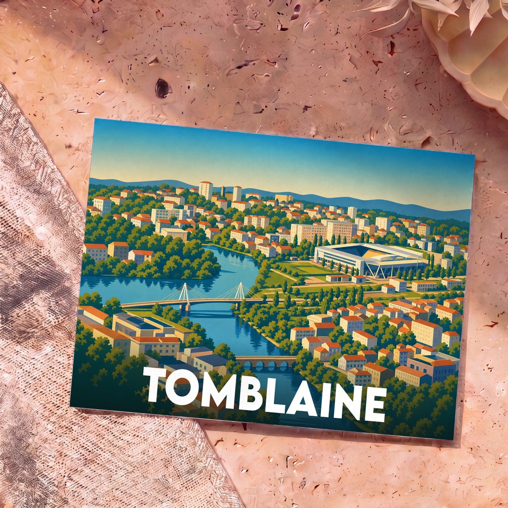 Carte postale souvenir de la ville de Tomblaine avec une illustration stylisée de son paysage urbain et du fleuve.
