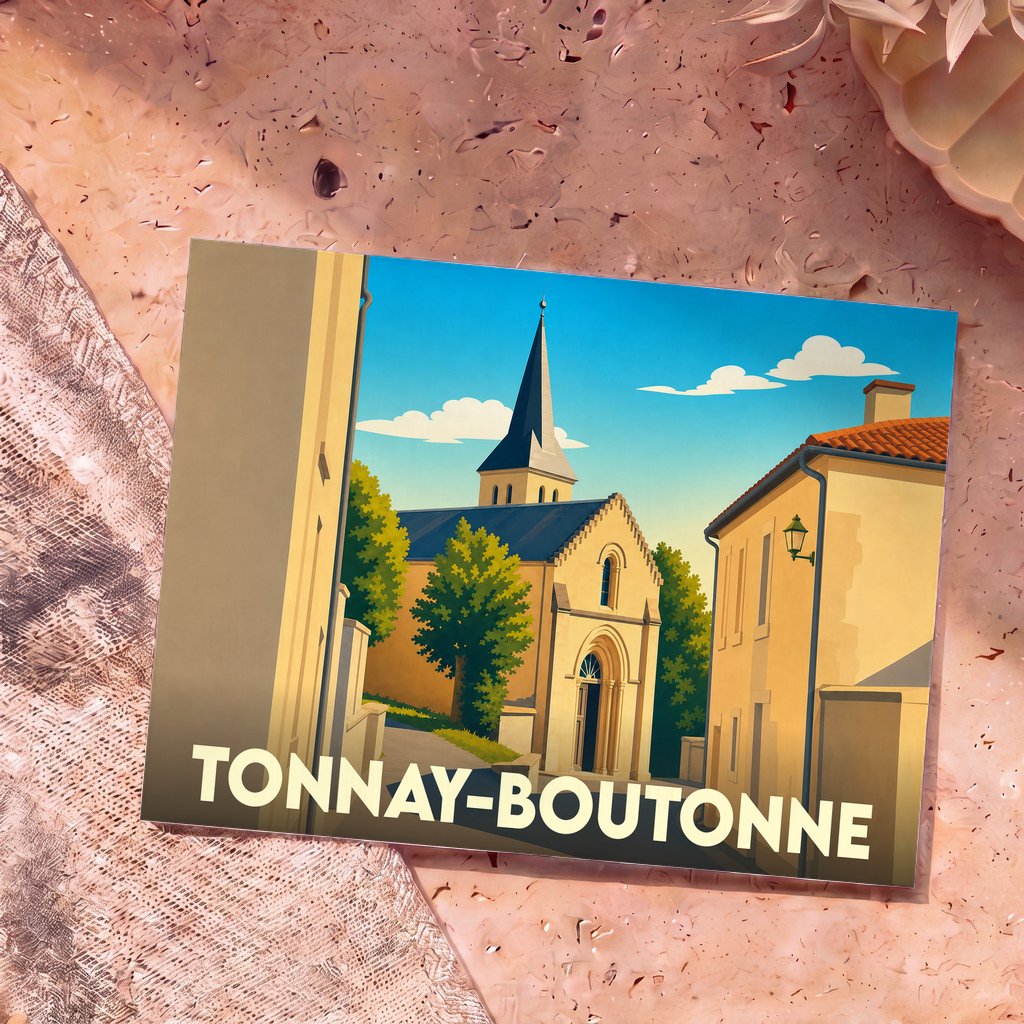 Carte postale souvenir de la ville de Tonnay-Boutonne avec une illustration stylisée de son église sous un ciel bleu.