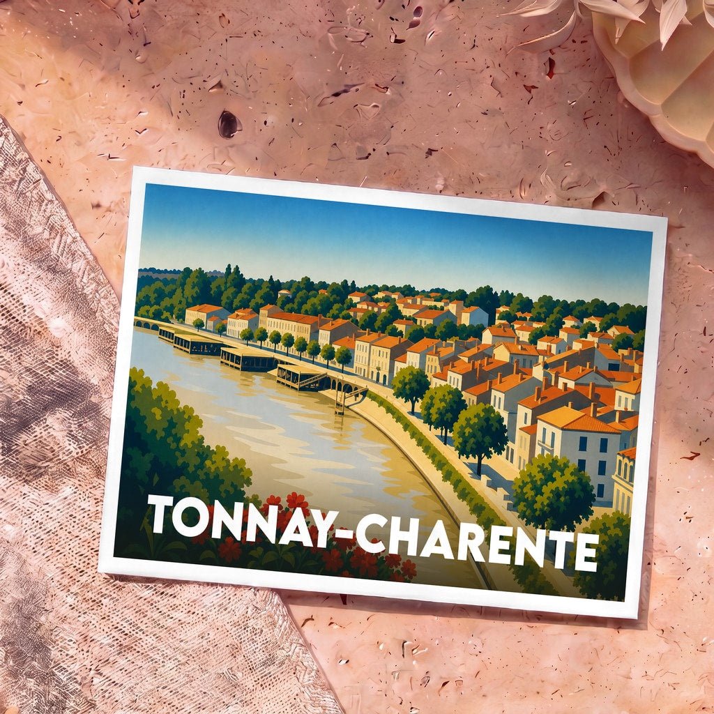 Carte postale souvenir de la ville de Tonnay-Charente illustrée d'une vue stylisée des quais et de la Charente.