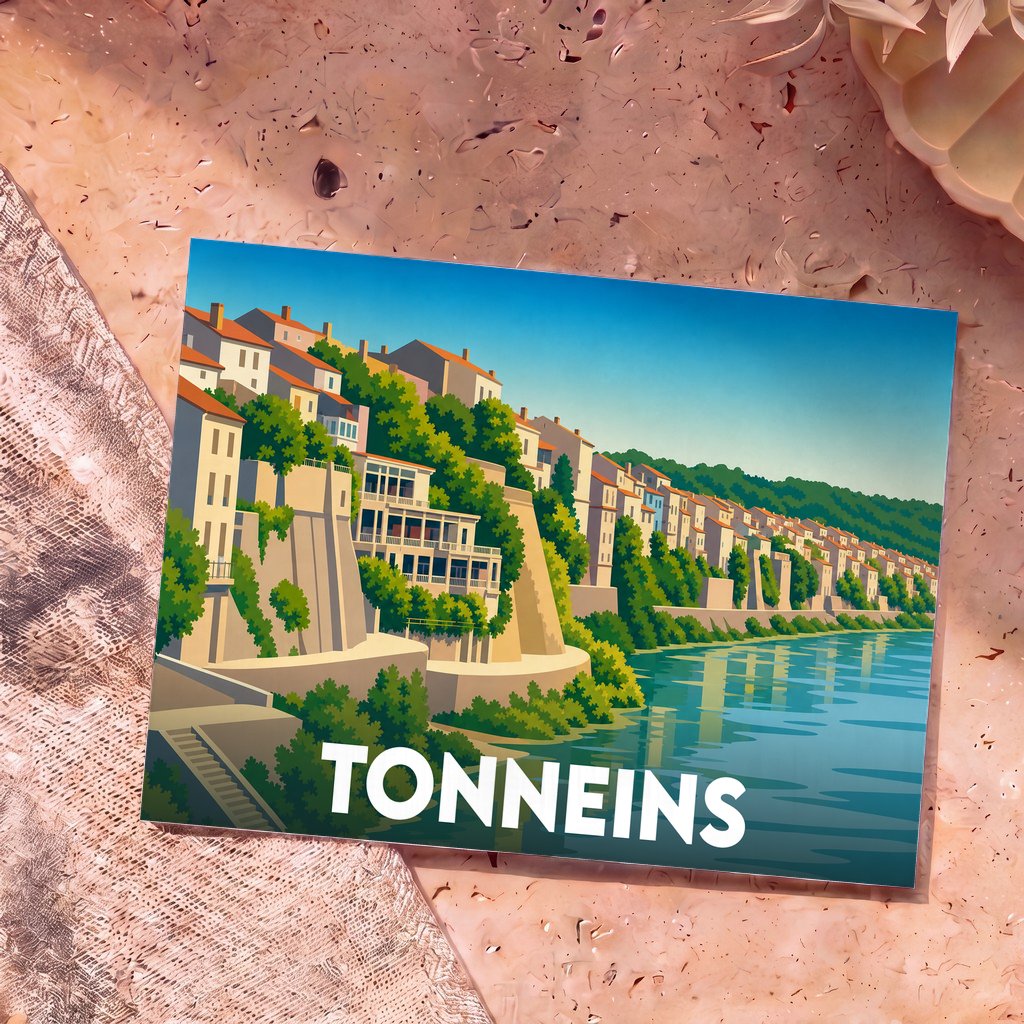 Carte postale souvenir de la ville de Tonneins avec une illustration stylisée de ses quais en bord de Garonne.