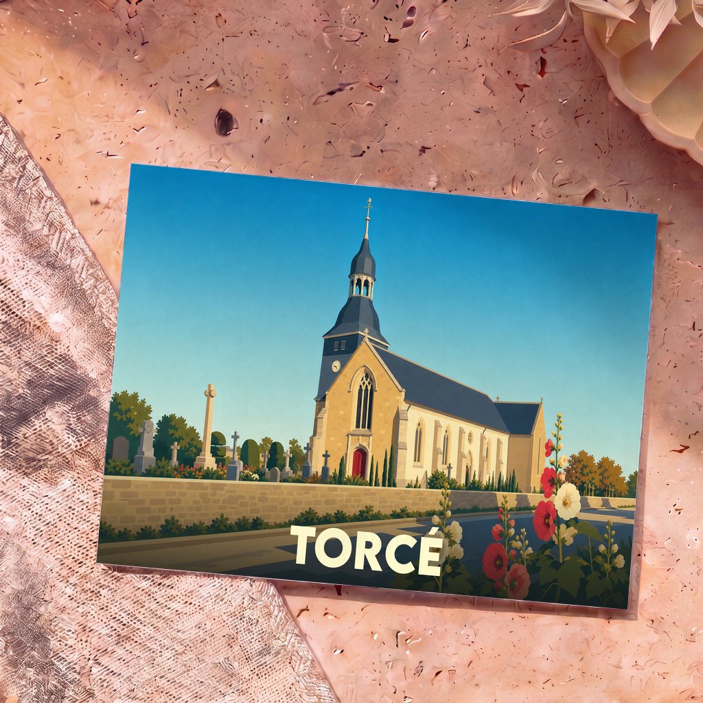 Carte postale souvenir de la ville de Torcé avec une illustration stylisée de son église et de son cimetière.