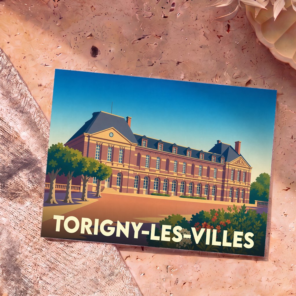 Carte postale souvenir de la ville de Torigny-les-Villes avec une illustration stylisée du château des Matignon.