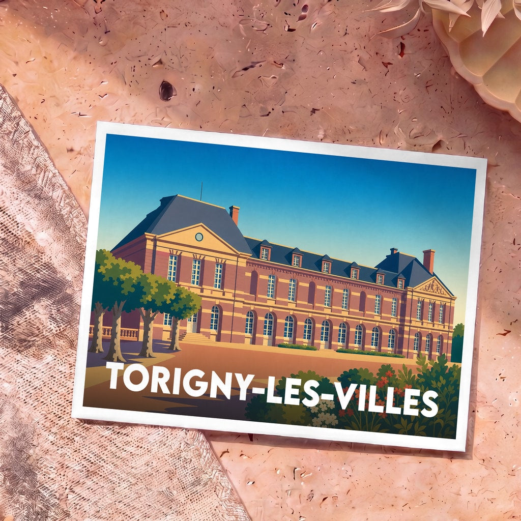 Carte postale souvenir de la ville de Torigny-les-Villes avec une illustration stylisée du château des Matignon.