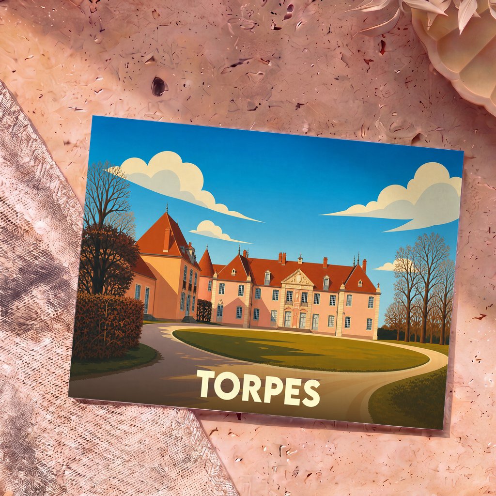 Carte postale souvenir de la ville de Torpes illustrant son château dans un style graphique épuré.