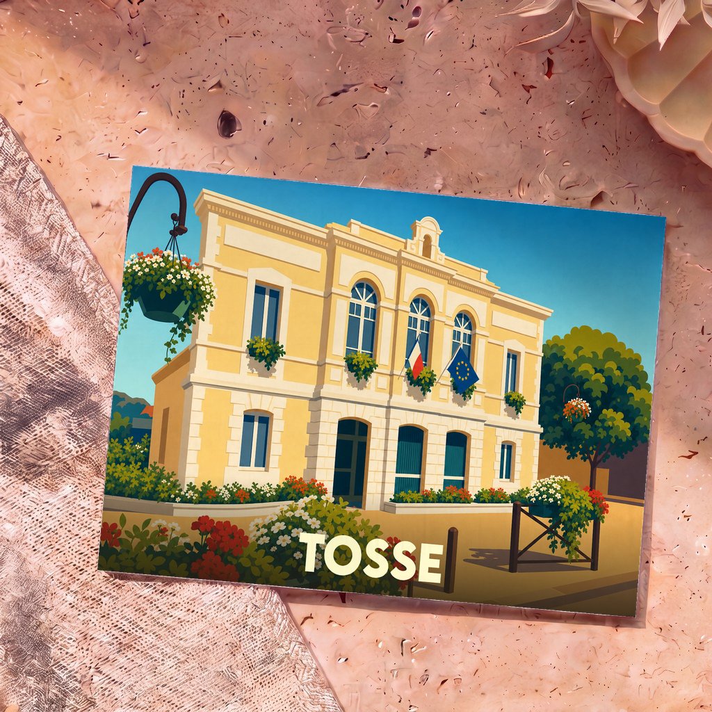 Carte postale souvenir de la ville de Tosse représentant une illustration colorée et stylisée de sa mairie.