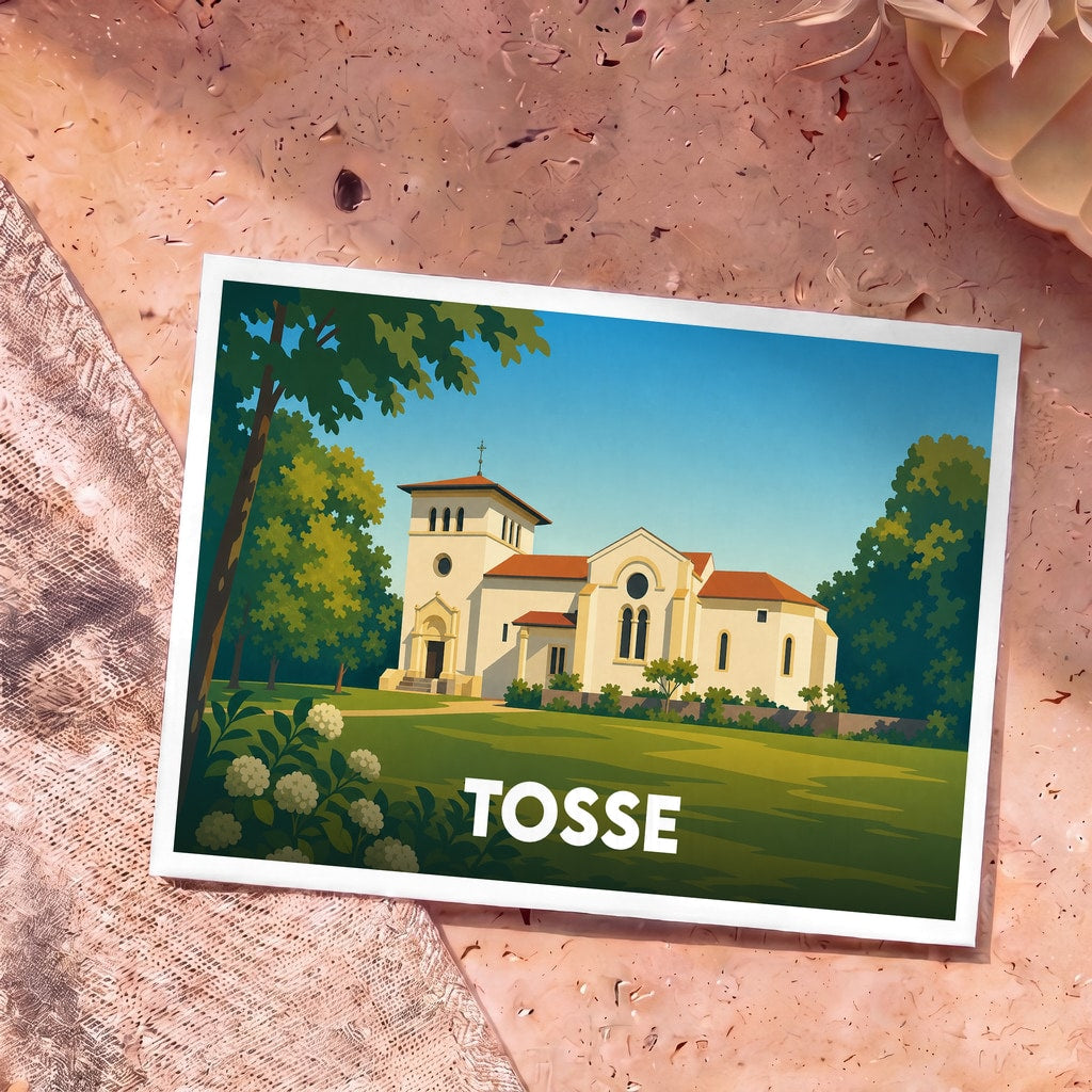 Carte postale souvenir de la ville de Tosse avec une illustration stylisée d'une église sous un ciel bleu.