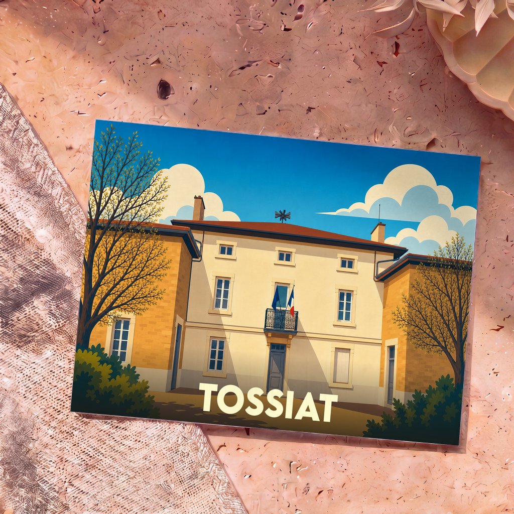 Carte postale souvenir de la ville de Tossiat avec une illustration stylisée de sa mairie.