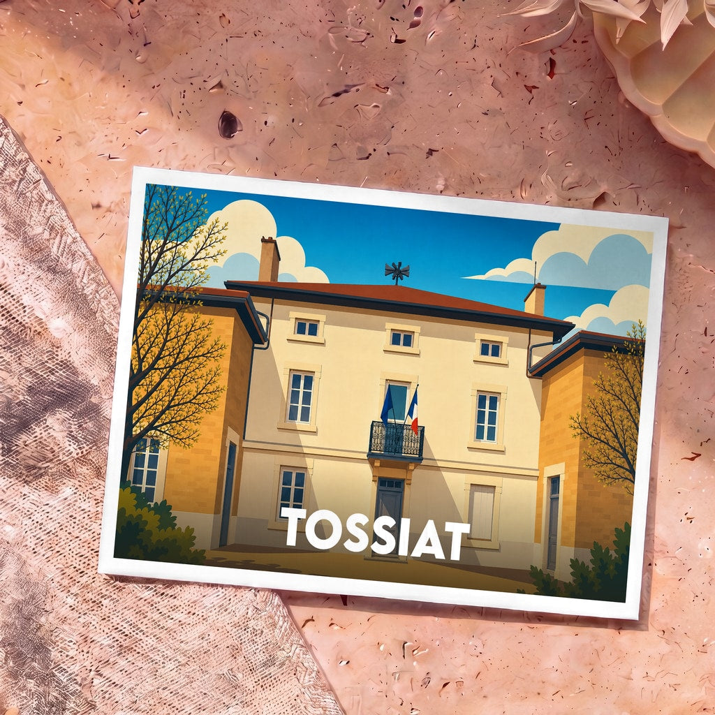 Carte postale souvenir de la ville de Tossiat avec une illustration stylisée de sa mairie.