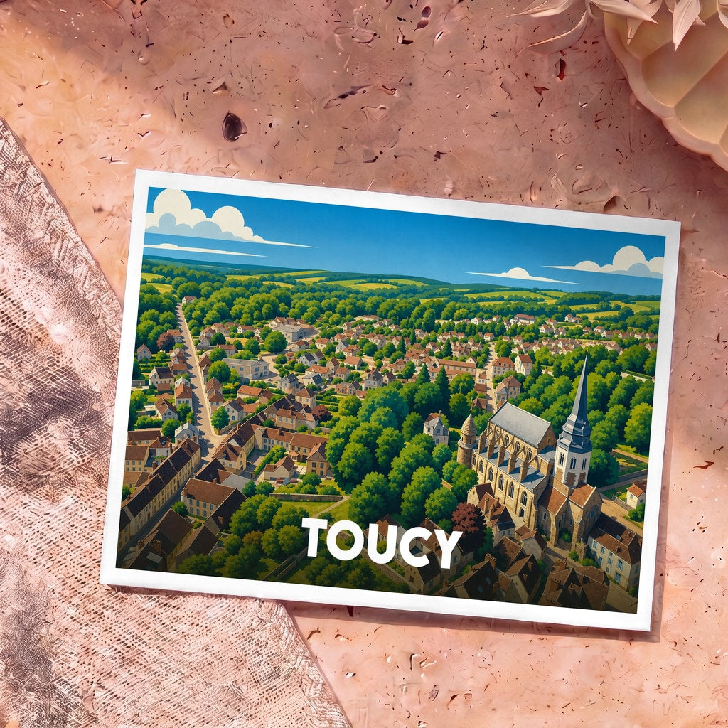 Carte postale souvenir de la ville de Toucy avec une illustration panoramique et colorée.