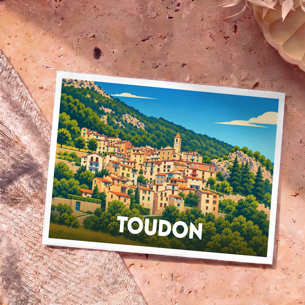 Carte postale souvenir de la ville de Toudon avec une illustration stylisée de ses maisons colorées à flanc de montagne.