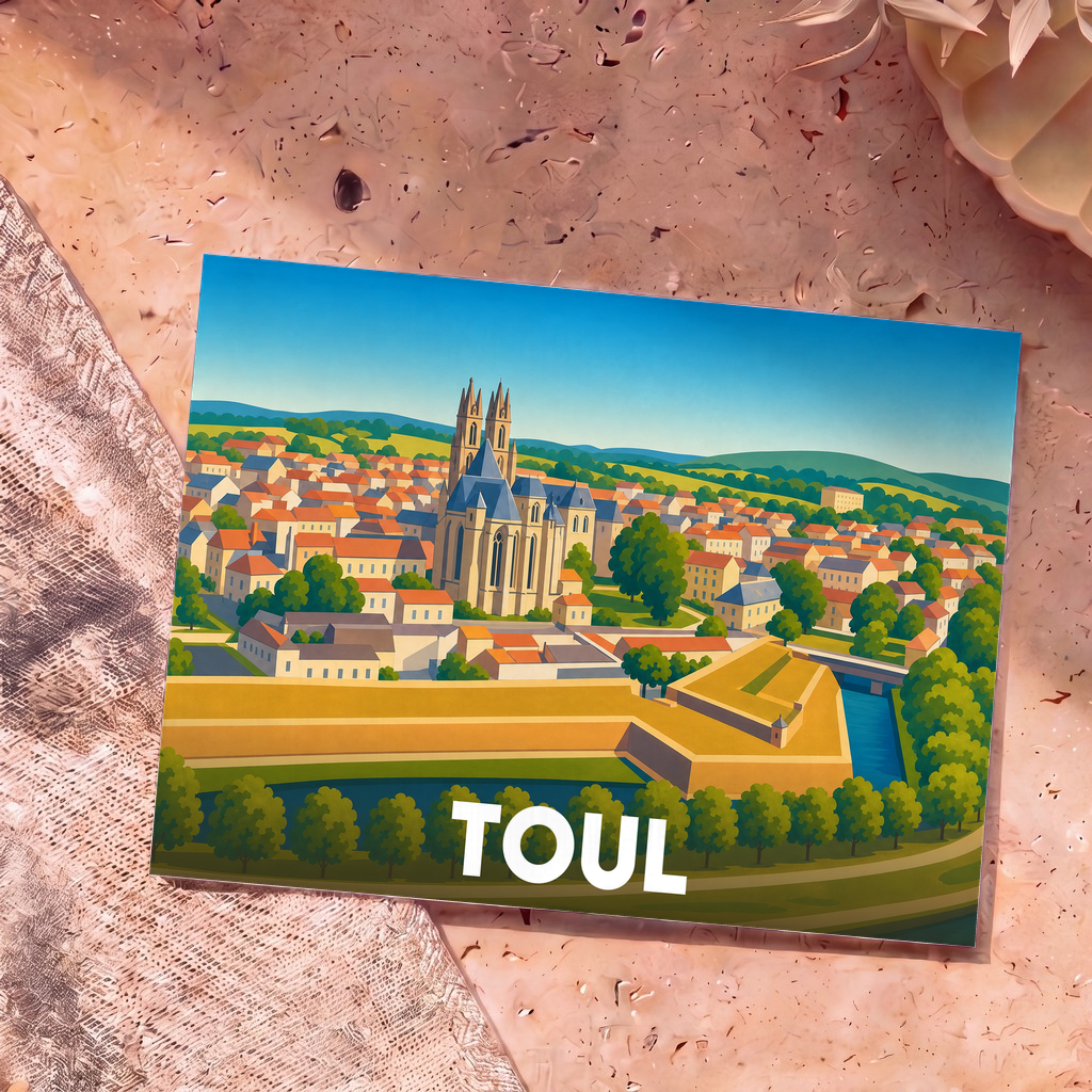Carte postale souvenir de la ville de Toul présentant une illustration stylisée de sa cathédrale et de ses remparts.