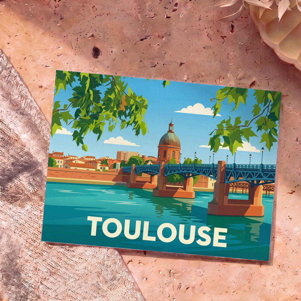 Carte postale souvenir de la ville de Toulouse avec une illustration stylisée du dôme de la Grave et du pont Saint-Pierre.