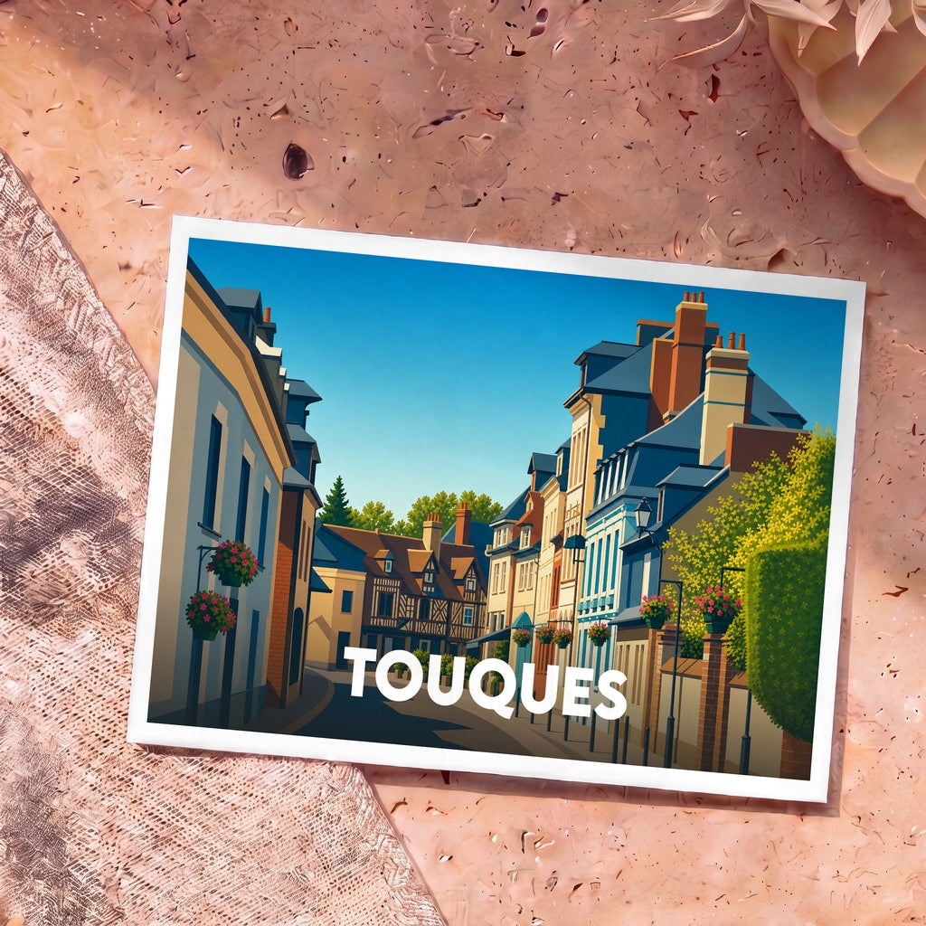 Carte postale souvenir de la ville de Touques ornée d'une illustration stylisée de ses rues pittoresques.