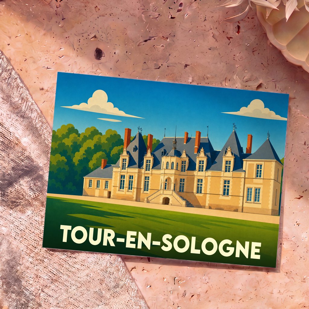 Carte postale souvenir de la ville de Tour-en-Sologne avec une illustration stylisée de son château.