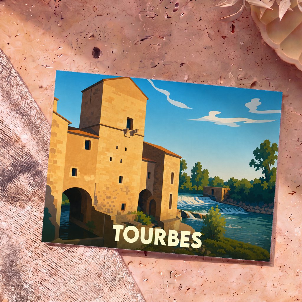 Carte postale souvenir de la ville de Tourbes illustrant un ancien moulin fortifié au bord de l’eau dans un style graphique épuré.
