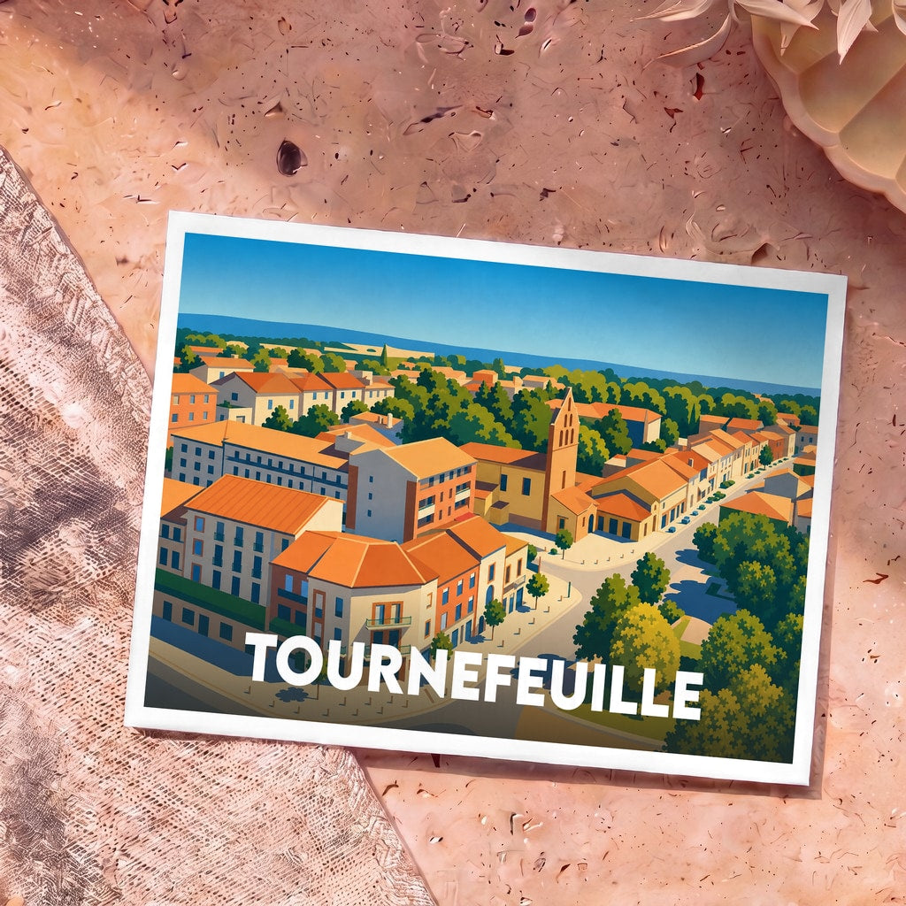 Carte postale souvenir de la ville de Tournefeuille avec une illustration stylisée et colorée de ses bâtiments.