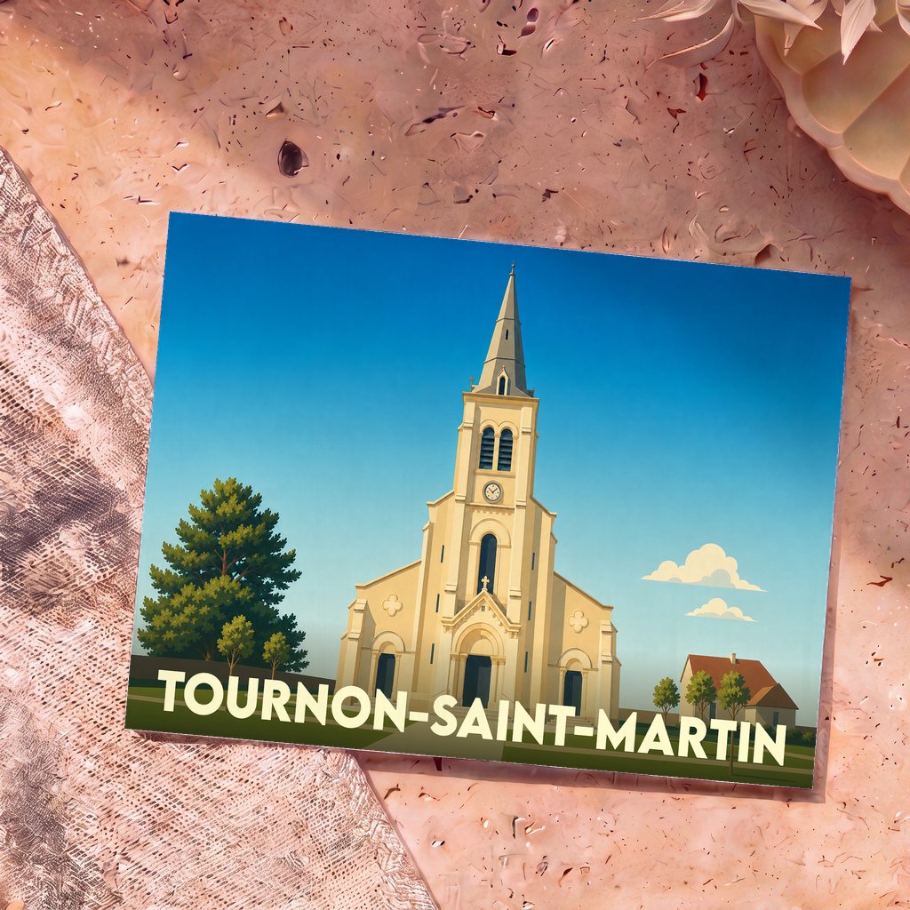 Carte postale souvenir de Tournon-Saint-Martin arborant une illustration stylisée de son église sous un ciel bleu.