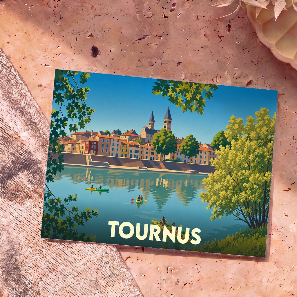 Carte postale souvenir de la ville de Tournus avec une illustration stylisée des bords de Saône.