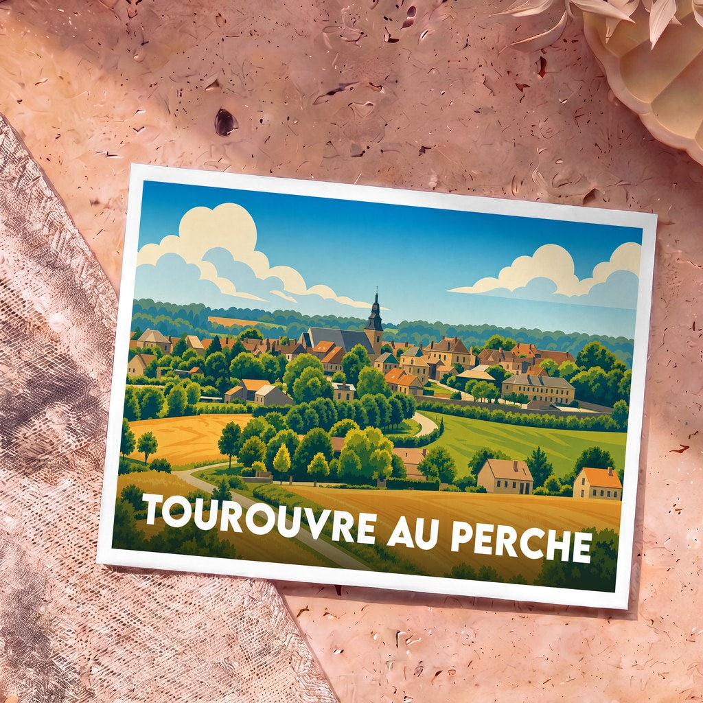 Carte postale souvenir de la ville de Tourouvre au Perche avec une illustration stylisée de son paysage rural.