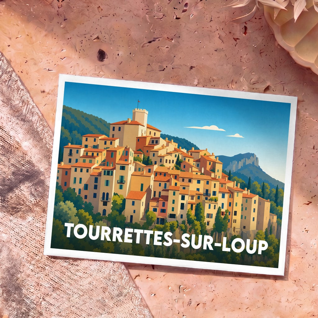 Carte postale souvenir de la ville de Tourrettes-sur-Loup avec une illustration stylisée.