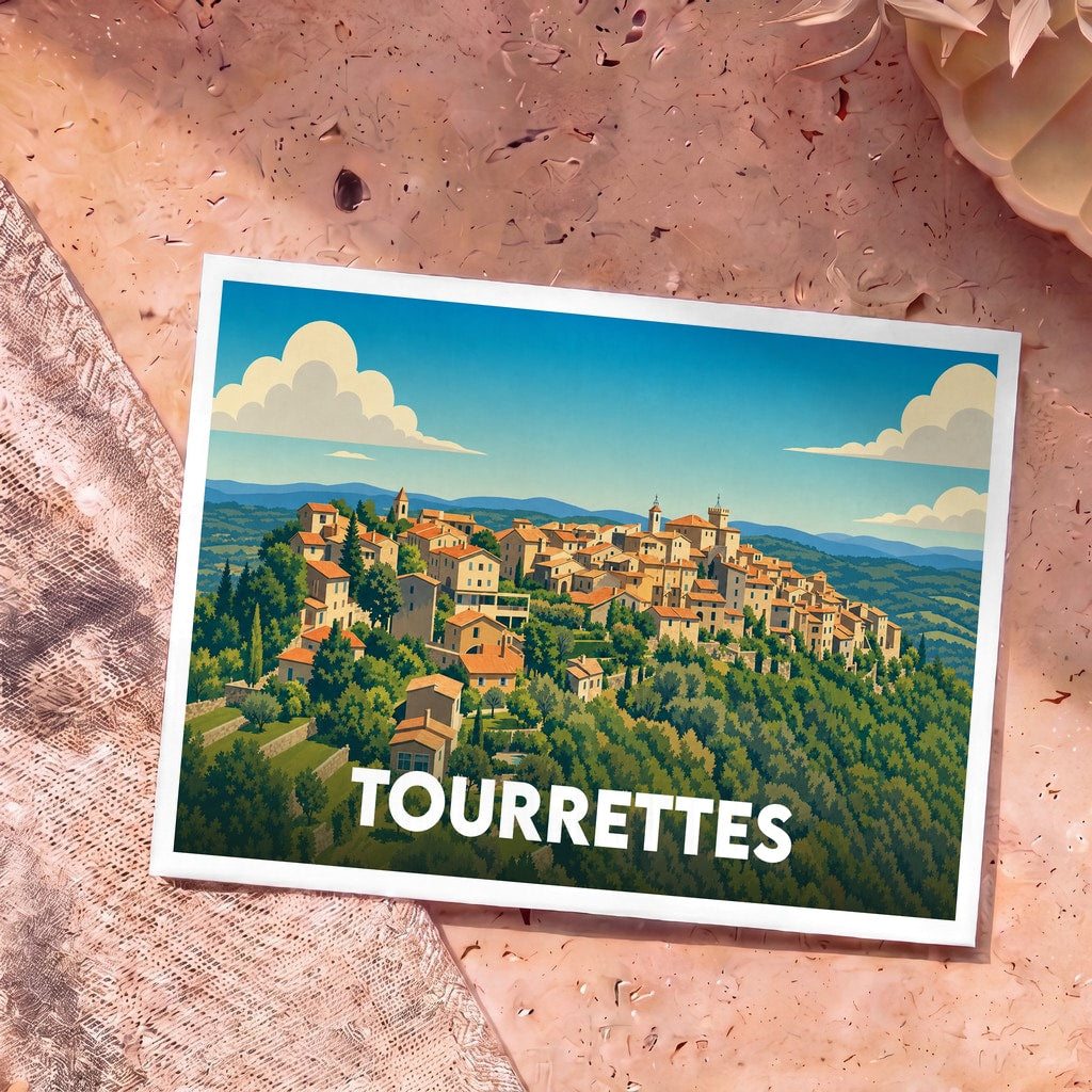 Carte postale souvenir de la ville de Tourrettes illustrant un village perché aux maisons provençales.