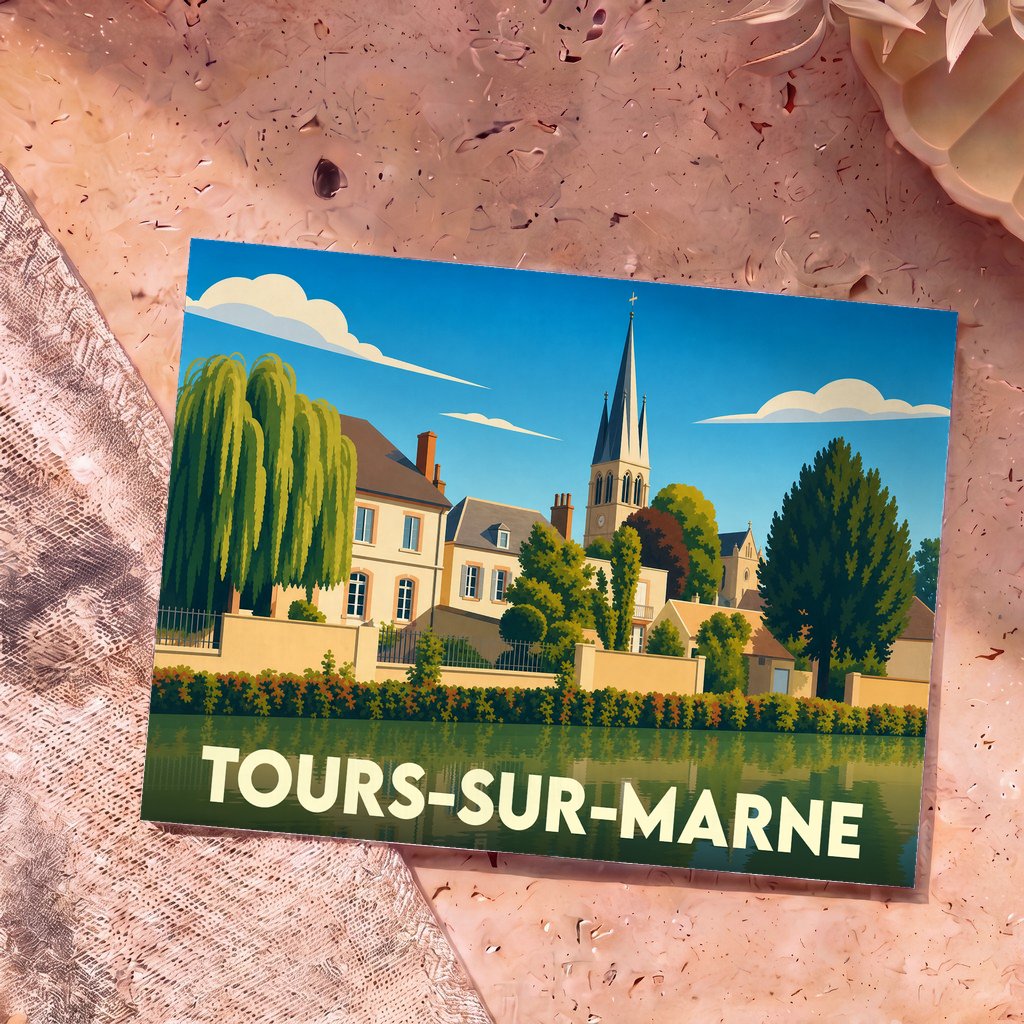 Carte postale souvenir de la ville de Tours-sur-Marne avec une illustration stylisée et colorée du bord de l'eau.