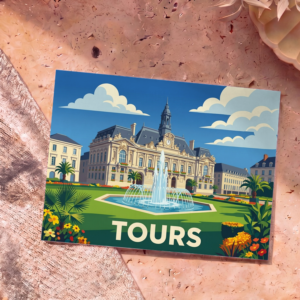Carte postale souvenir de la ville de Tours avec une illustration stylisée de son hôtel de ville et de sa fontaine.