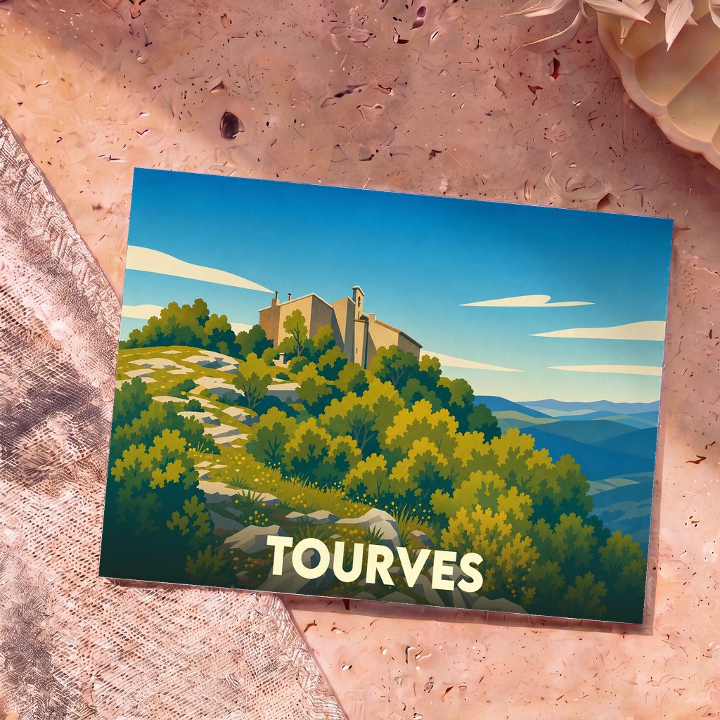 Carte postale souvenir de la ville de Tourves illustrant un village perché dans un style graphique épuré.