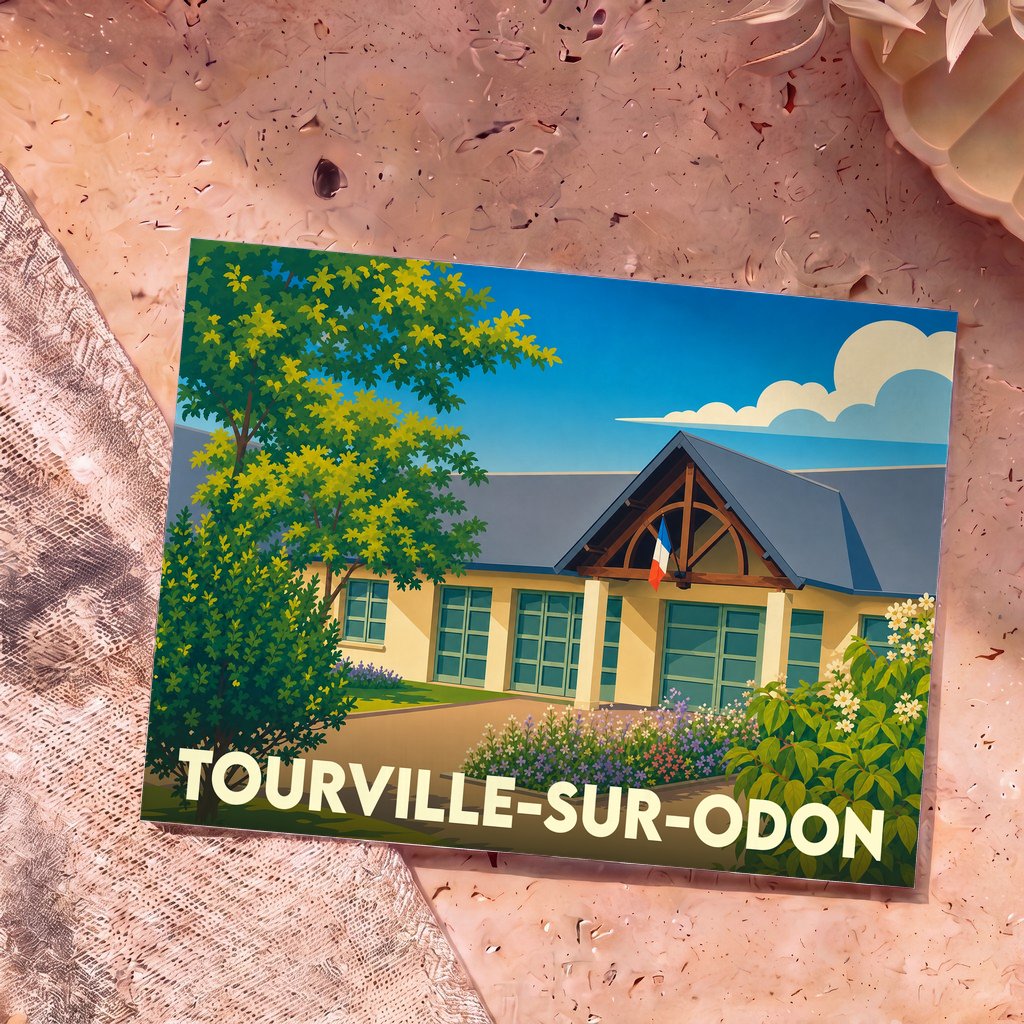 Carte postale souvenir de la ville de Tourville-sur-Odon avec une illustration stylisée de la mairie.