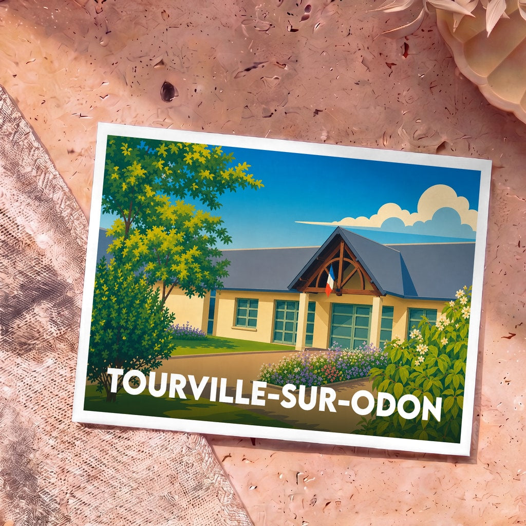 Carte postale souvenir de la ville de Tourville-sur-Odon avec une illustration stylisée de la mairie.