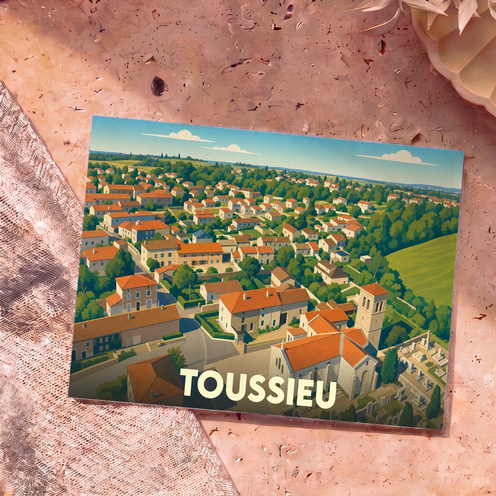 Carte postale souvenir de la ville de Toussieu illustrée par une vue aérienne stylisée du village et de son église.