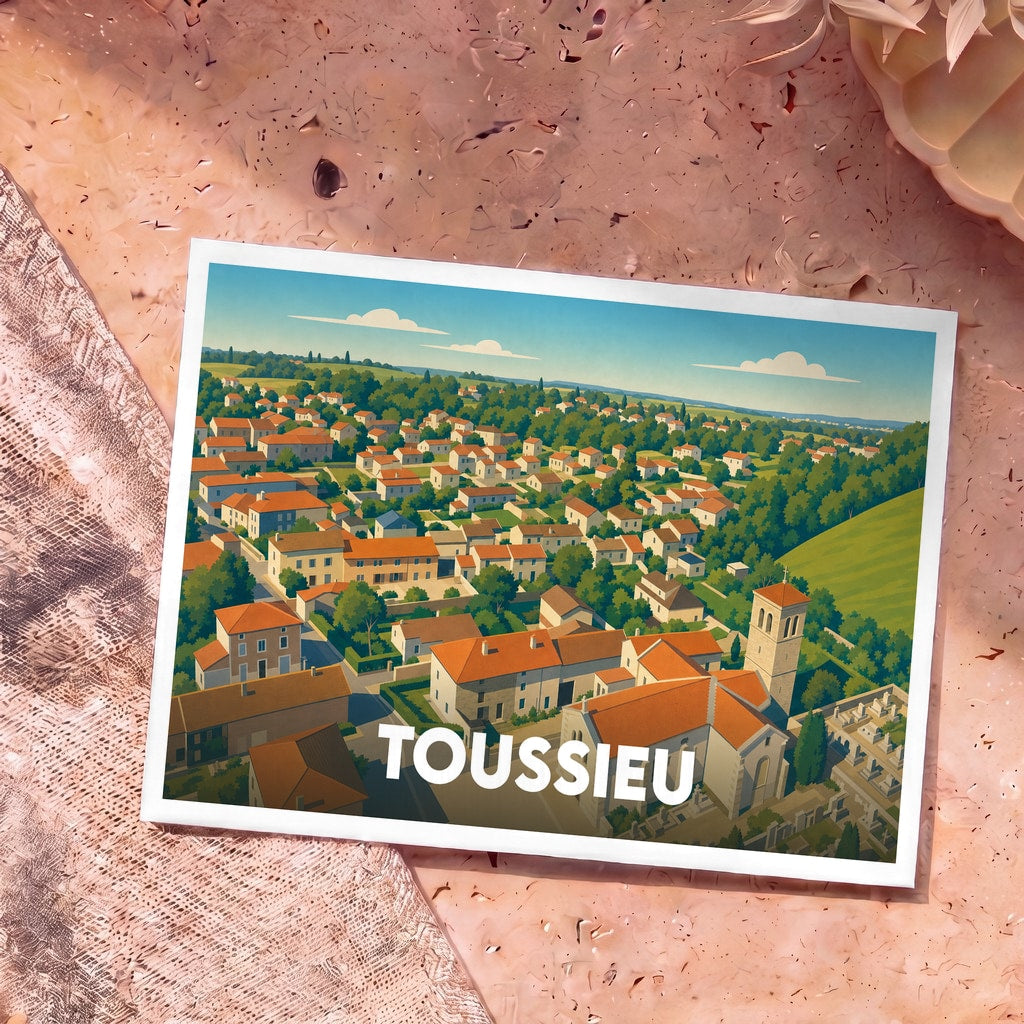 Carte postale souvenir de la ville de Toussieu illustrée par une vue aérienne stylisée du village et de son église.