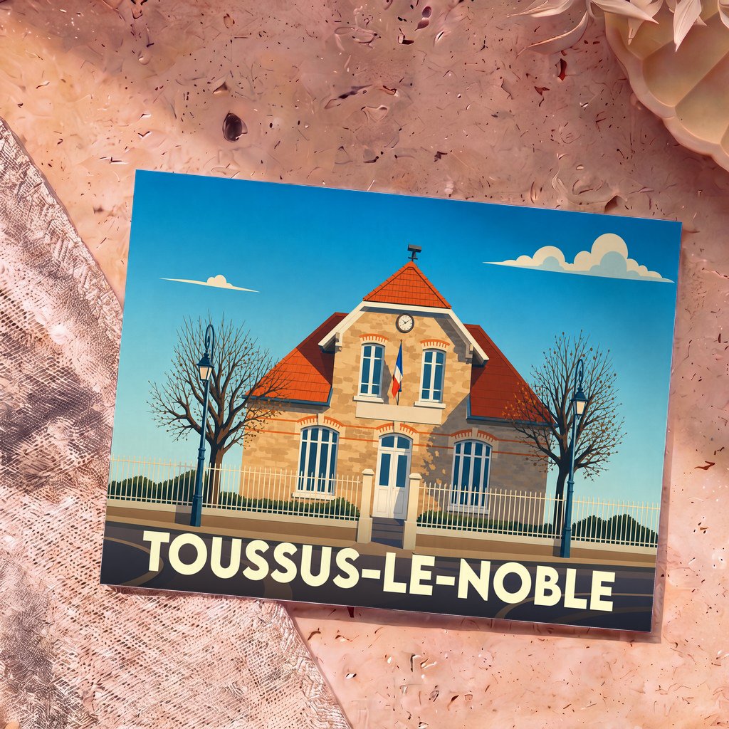 Carte postale souvenir de la ville de Toussus-le-Noble avec une illustration stylisée de la mairie.