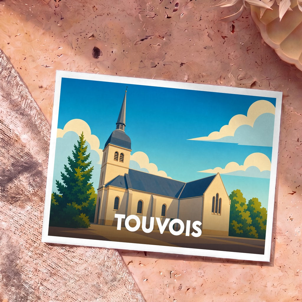 Carte postale souvenir de la ville de Touvois avec une illustration stylisée de son église.