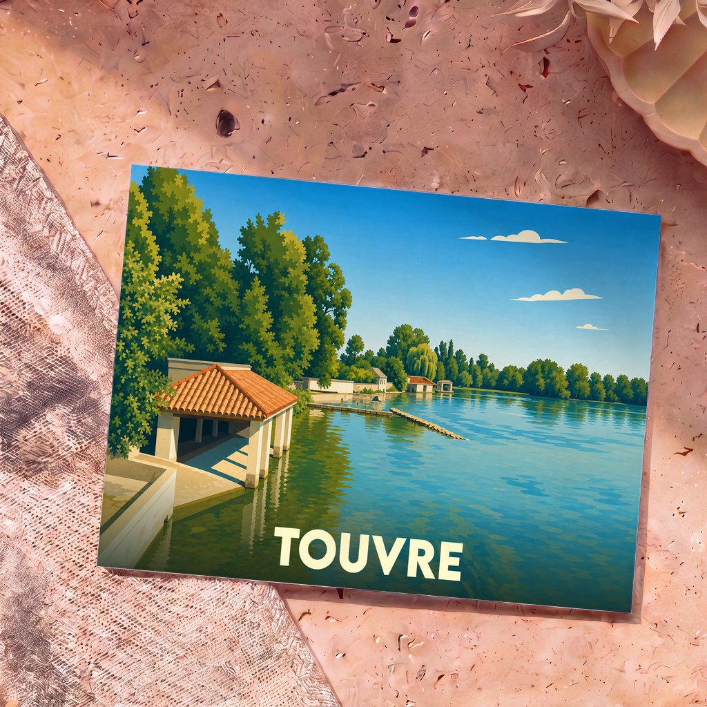 Carte postale souvenir de la ville de Touvre illustrant ses sources et un lavoir traditionnel au bord de l'eau.
