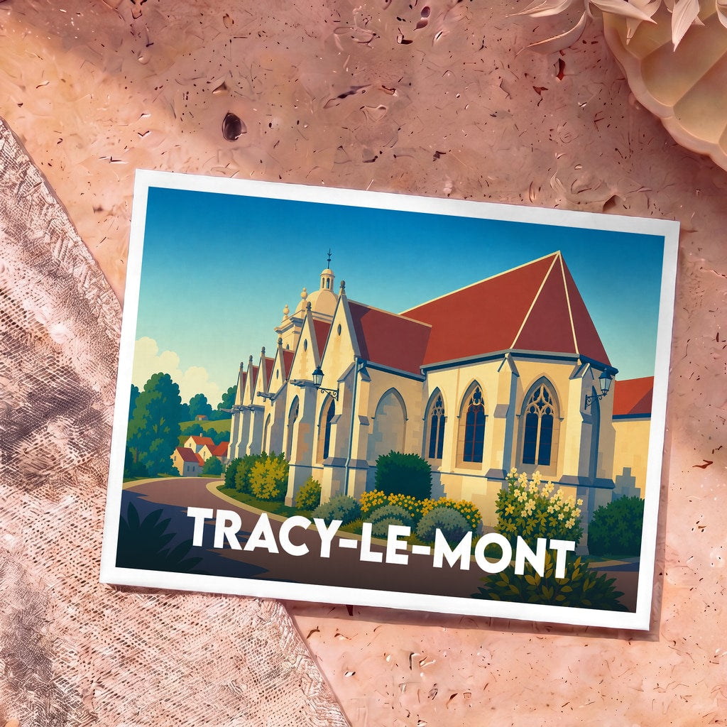 Carte postale souvenir de la ville de Tracy-le-Mont avec une illustration stylisée de son église.