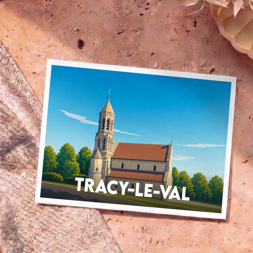 Carte postale souvenir de la ville de Tracy-le-Val avec une illustration stylisée de son église.