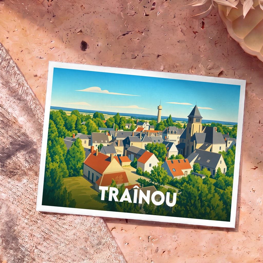 Carte postale souvenir de la ville de Traînou avec une illustration stylisée et colorée de son paysage urbain.