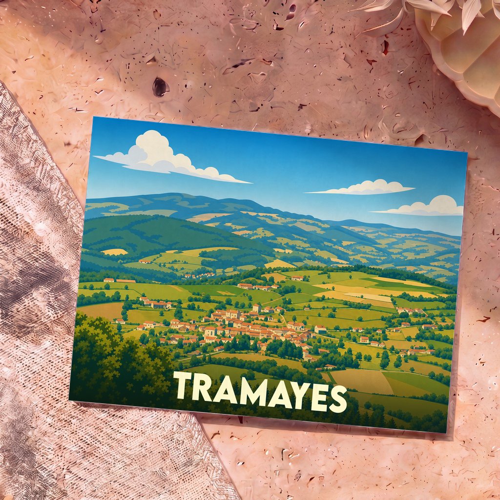 Carte postale souvenir de la ville de Tramayes avec une illustration stylisée de son paysage vallonné.