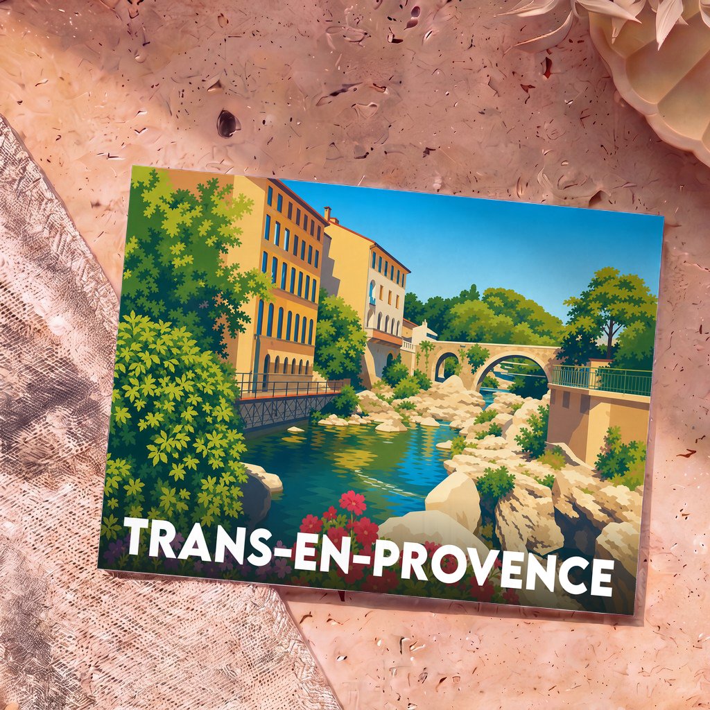 Carte postale souvenir de la ville de Trans-en-Provence avec une illustration colorée et stylisée de ses bâtiments et de son pont.