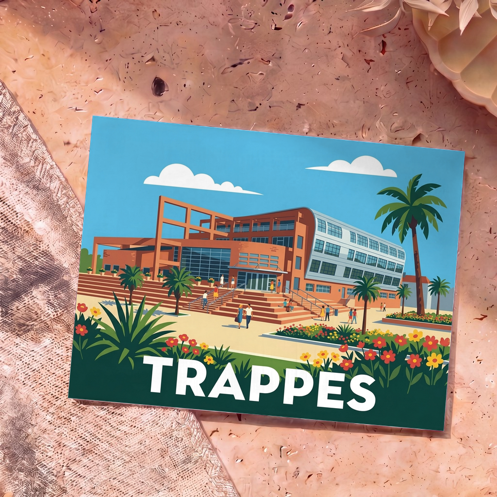 Carte postale souvenir de la ville de Trappes avec une illustration stylisée et colorée de son architecture urbaine.