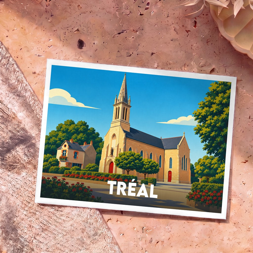 Carte postale souvenir de la ville de Tréal avec une illustration stylisée de son église sous un ciel bleu.
