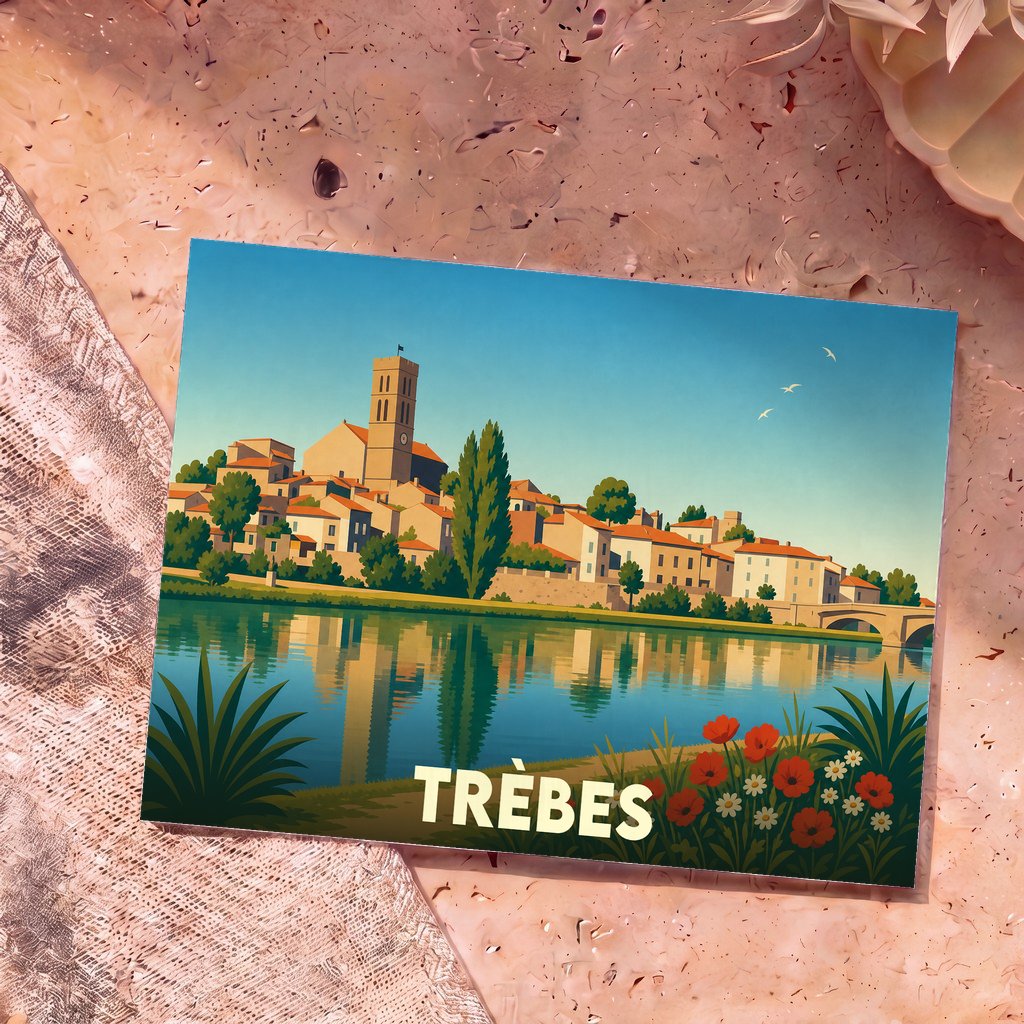 Carte postale souvenir de la ville de Trèbes avec une illustration stylisée d'un village en bord de rivière.