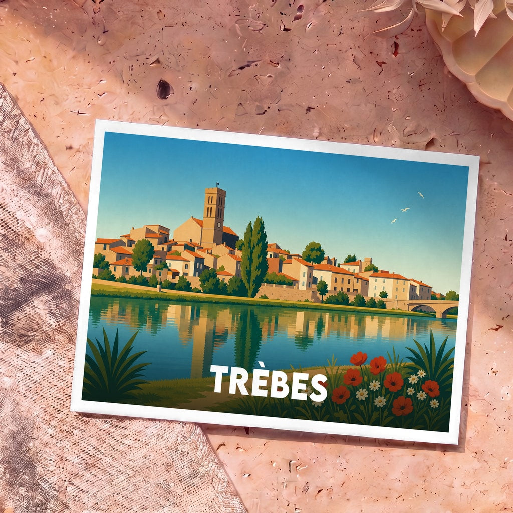 Carte postale souvenir de la ville de Trèbes avec une illustration stylisée d'un village en bord de rivière.