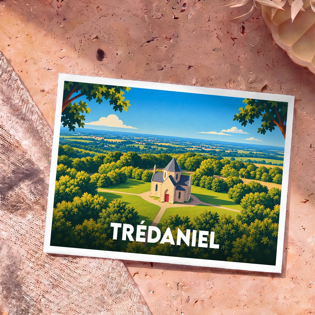 Carte postale souvenir de la ville de Trédaniel avec une illustration stylisée de son église et de son paysage verdoyant.