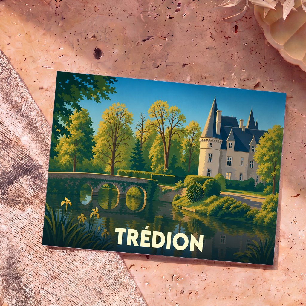 Carte postale souvenir de la ville de Trédion avec une illustration stylisée d'un château et de son pont de pierre.
