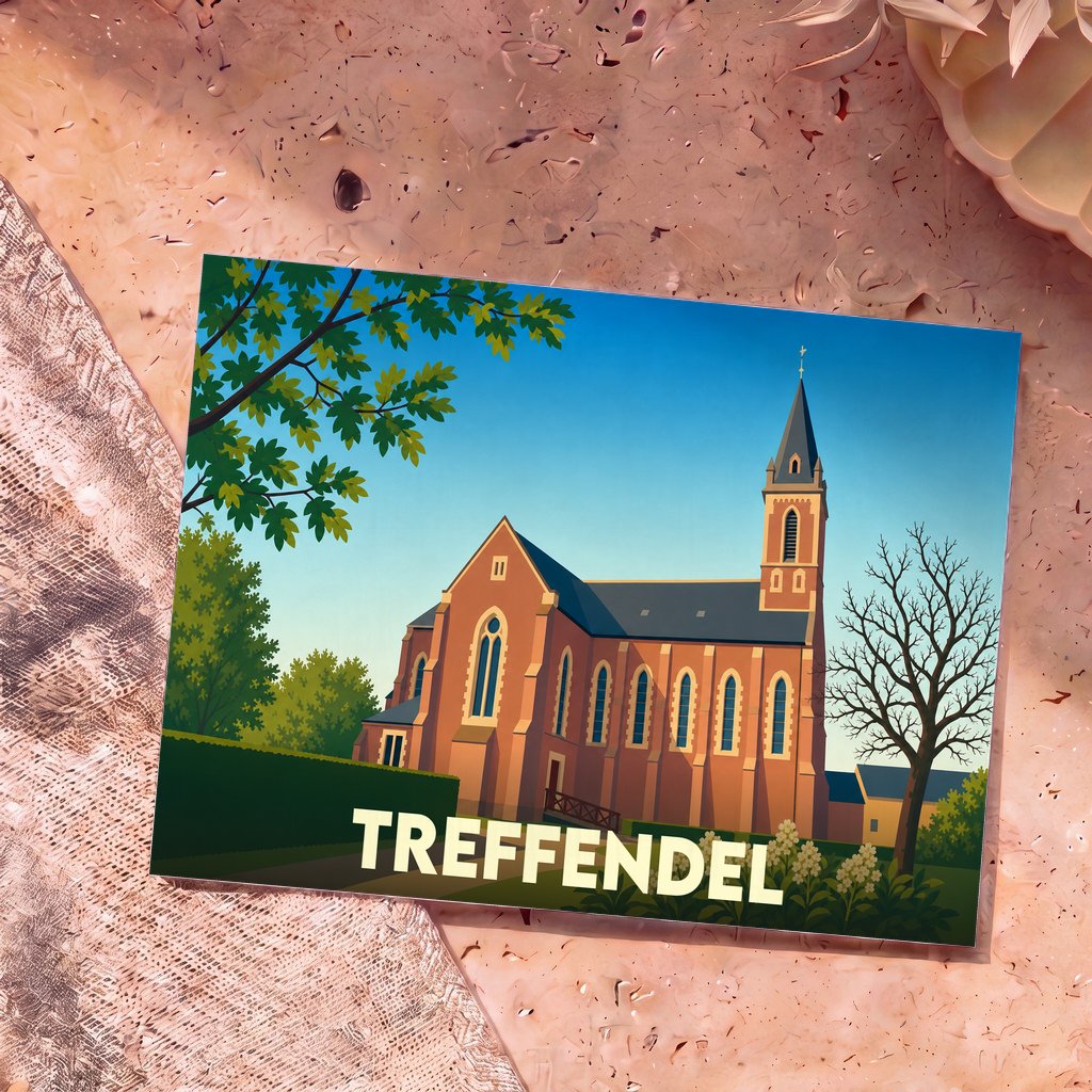 Carte postale souvenir de la ville de Treffendel illustrant son église dans un style graphique épuré.