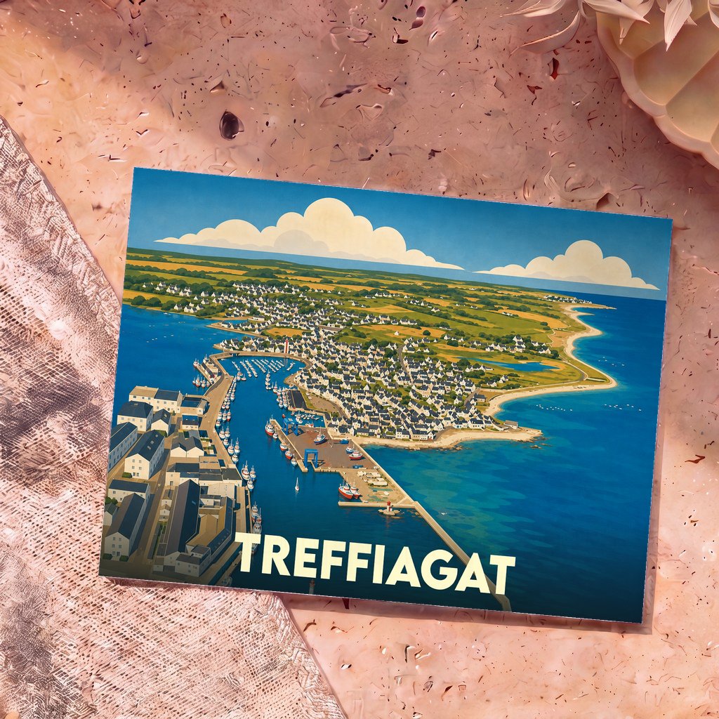 Carte postale souvenir de la ville de Treffiagat illustrée d'une vue aérienne colorée de son port de pêche.