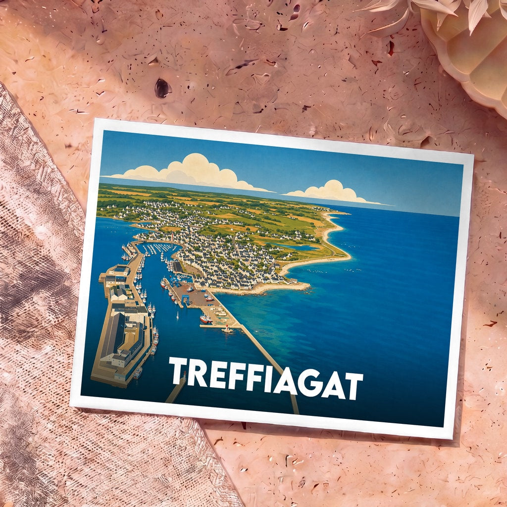 Carte postale souvenir de la ville de Treffiagat illustrée d'une vue aérienne colorée de son port de pêche.